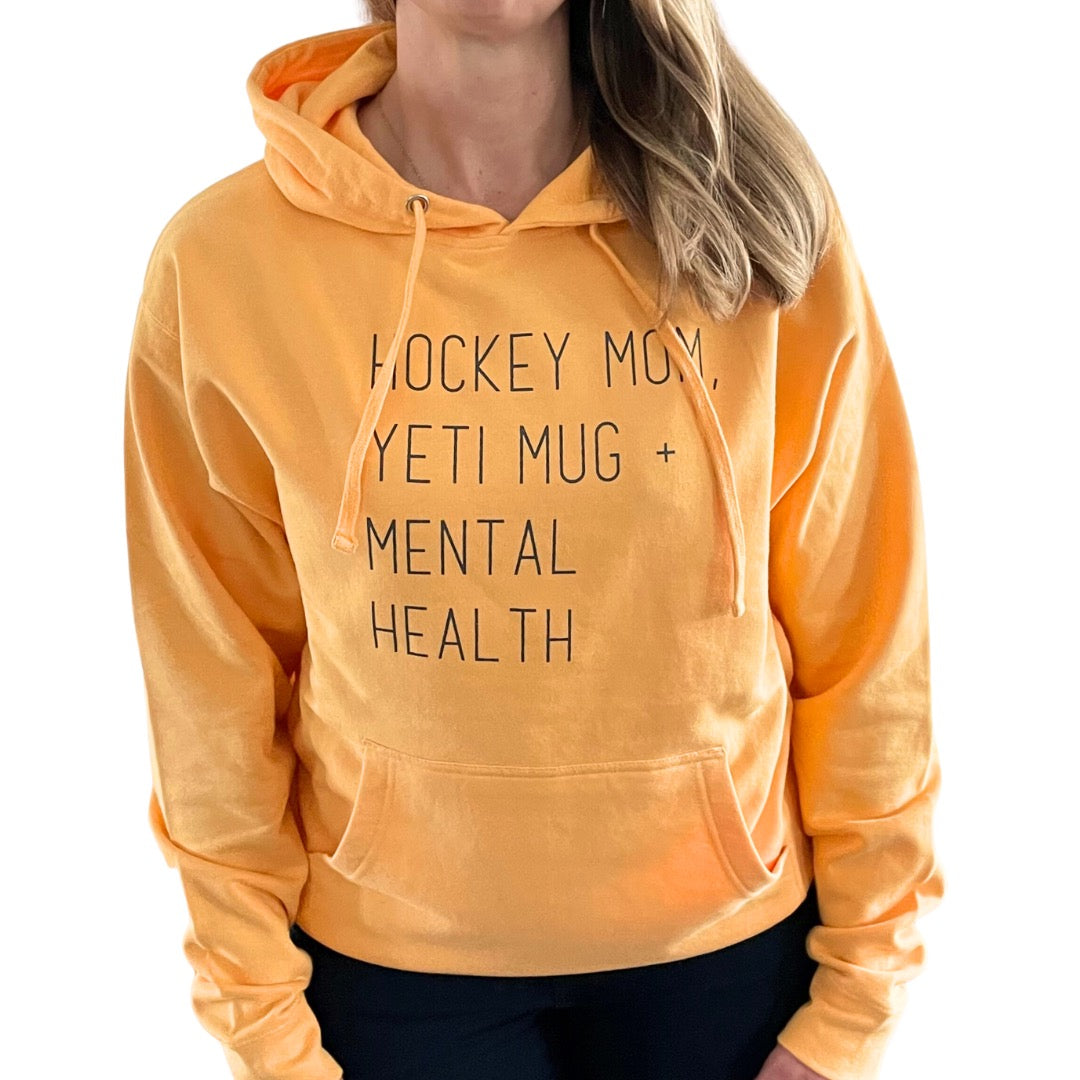 Adult Midweight Hooded Sweatshirt - Hockey Mom, Yeti Mug + Mental Health - Peach