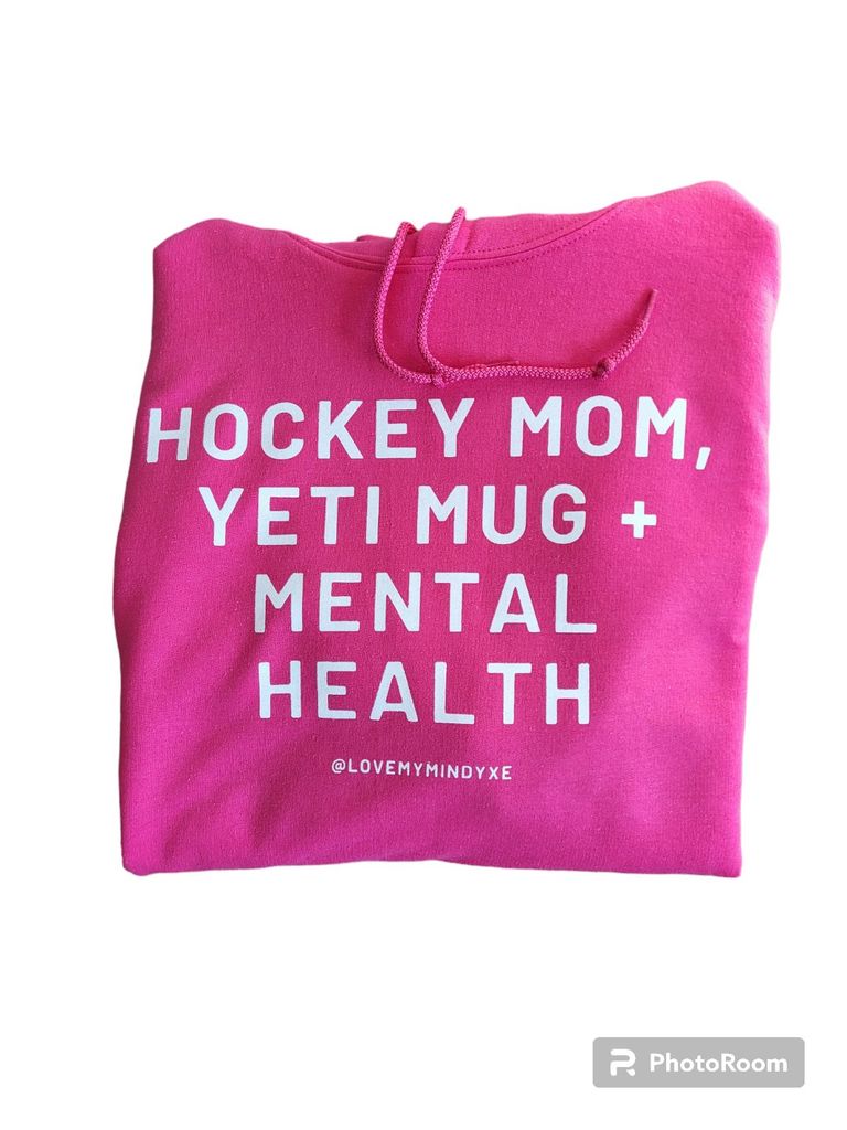 Adult Heavy Blend Hooded Sweatshirt  - Hockey Mom, Yeti Mug + Mental Health - HOT PINK