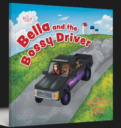 Book cover of 'Bella and the Bossy Driver' with a cartoon illustration of a car on a road.